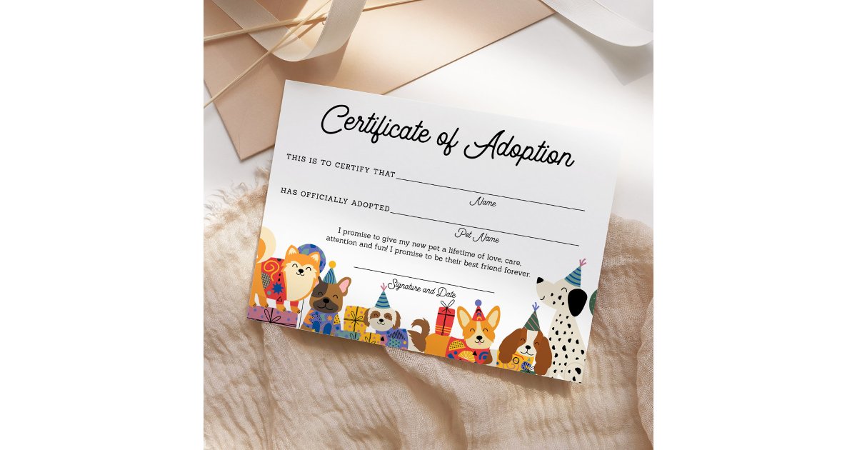 Dog Birthday Lets Pawty Puppy Adoption Certificate | Zazzle