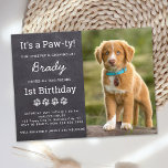 Dog Birthday Party Custom Photo Puppy Invitation Postcard<br><div class="desc">Puppy Pawty ! Host your puppy or dogs birthday with this simple rustic slate chalkboard and paw print design dog birthday party invitation card. Add your pup's favorite photo and personalize with name, age birthday, and all puppy birthday party info! This simple rustic chalkboard dog birthday invitation design is perfect...</div>
