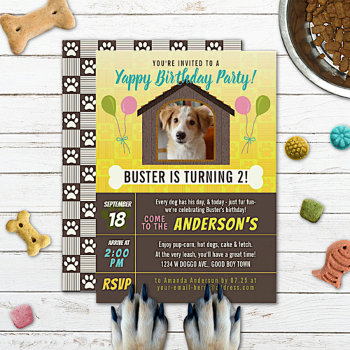 Dog Birthday Party Dog House And Paws Custom Photo Invitation by HaHaHolidays at Zazzle