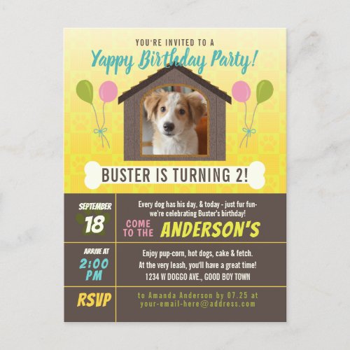 Dog Birthday Party Dog House and Paws Custom Photo Invitation Postcard