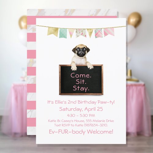 Dog Birthday Party For Girl Pug Invitation