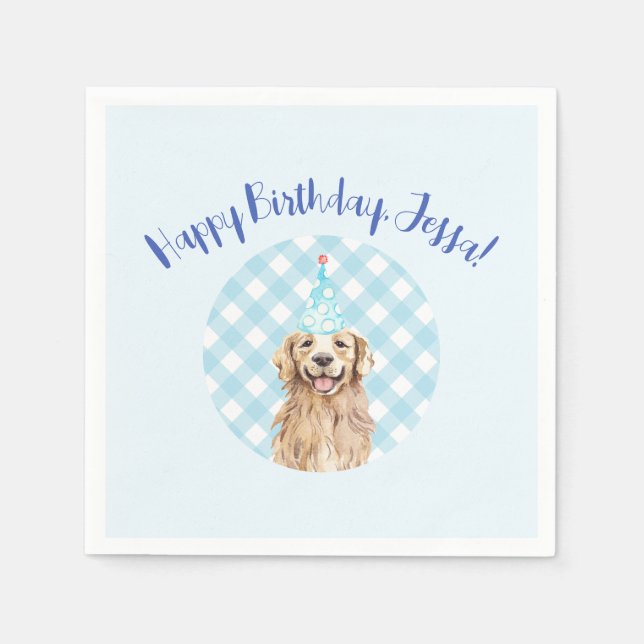 Dog Birthday Party Personalized Napkins Blue Plaid (Front)