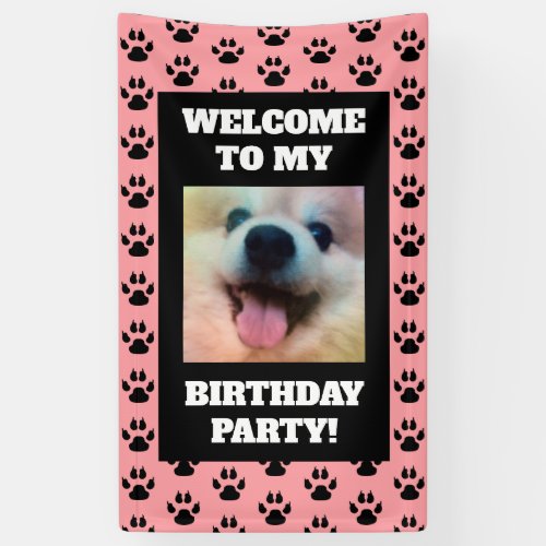 Dog Birthday Party Pink Black Paw Prints Photo Banner
