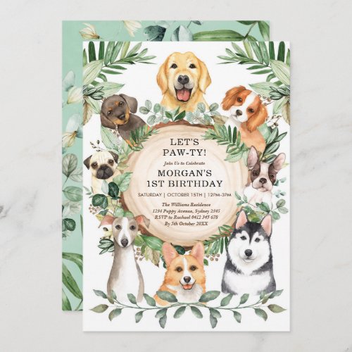 Dog Birthday Party Puppy Paw_ty Greenery Leaves Invitation