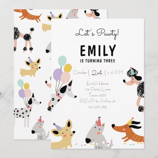 Dog Birthday Party Puppy Pawty Modern Girl Invite (Front/Back)