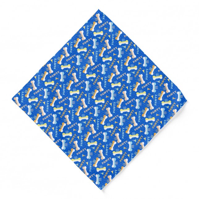 Dog Birthday Pawty Pattern Blue Orange Yellow Bandana (Front)