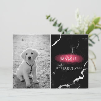 Dog Birthday Photo &amp; Faux Black Marble &amp; Pink Invitation
