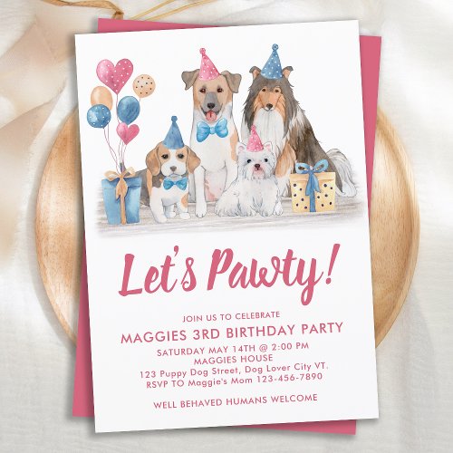 Dog Birthday Watercolor Pink Pawty Puppy Party Invitation