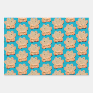 Dog Biscuit Pawprint and Bone Art Blue Wrapping Paper Sheets