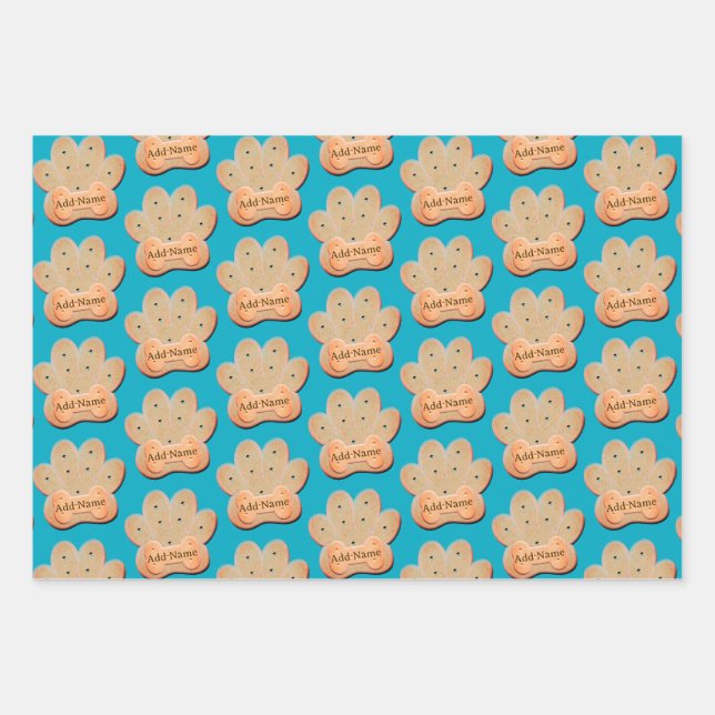 Dog Biscuit Pawprint and Bone Art Blue Wrapping Paper Sheets (Front 3)