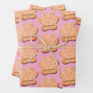 Dog Biscuit Pawprint and Bone Art Pink Wrapping Paper Sheets