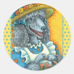 DOG BISCUITS AND EASTER EGG BASKET, CUTE POODLE CLASSIC ROUND STICKER