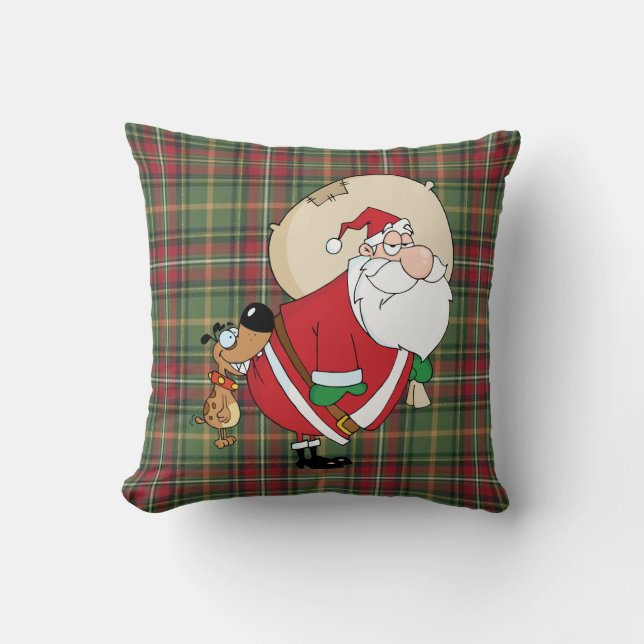 dog biting santa throw pillow (Front)