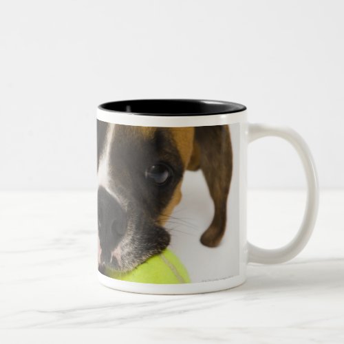 Dog biting tennis ball Two_Tone coffee mug