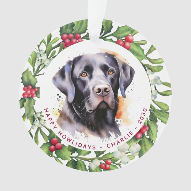 Dog Black Labrador Personalized Wreath Christmas Ornament (Front)