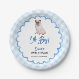 Dog Blue Gingham Oh Boy Baby Shower Paper Plates