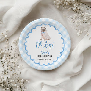 Dog Blue Gingham Oh Boy Baby Shower Paper Plates