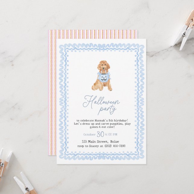 Dog Blue Preppy Pumpkin Halloween Party  Invitation (Front/Back In Situ)