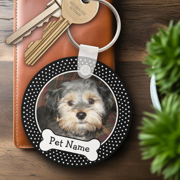 Dog Bone And Black Polka Dot Pet Photo Frame Keychain by MyGiftShop at Zazzle