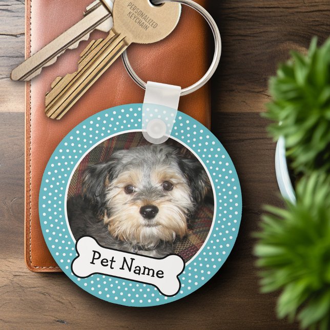 Dog Bone and Blue Polka Dot Pet Photo Frame Keychain (Personalized Keychain - Add Your Pet Dog Photo)