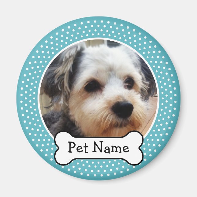 Dog Bone and Blue Polka Dot Pet Photo Frame Magnet (Front)