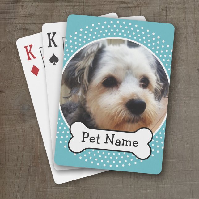 Dog Bone and Blue Polka Dot Pet Photo Frame Poker Cards (Personalized Playing Cards)