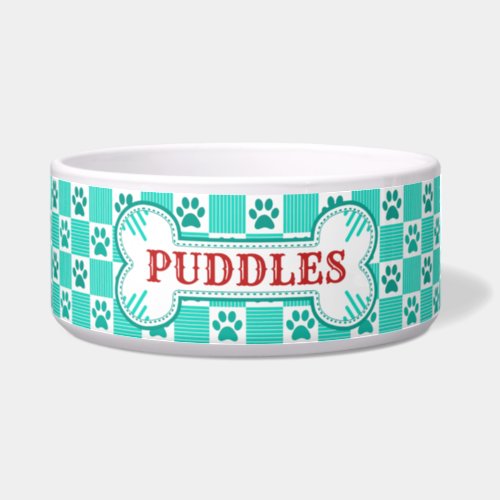 Dog Bone Name Mint Green Paw Print Gingham Custom Bowl