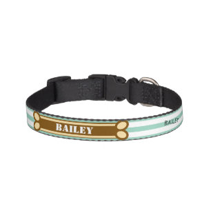 Dog Bone Name Teal Green White Stripes Pet Collar