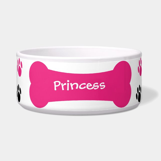 Dog Bone & Paw Prints Personalized Pet Dog Bowl (Front)