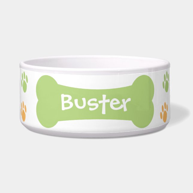 Dog Bone & Paw Prints Personalized Pet Dog Bowl (Front)