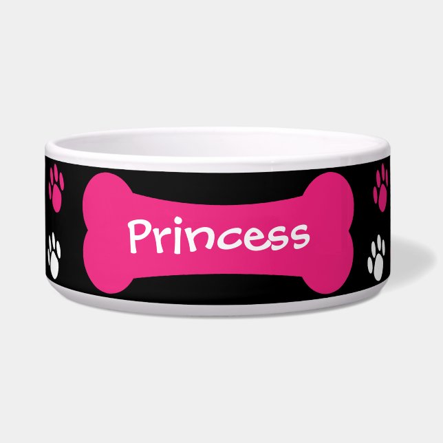 Dog Bone & Paw Prints Personalized Pet Dog Bowl (Front)