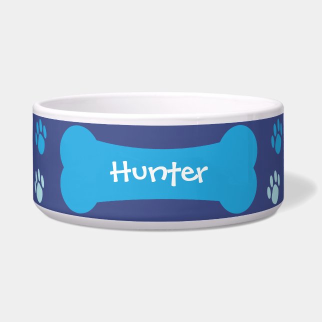 Dog Bone & Paw Prints Personalized Pet Dog Bowl (Front)