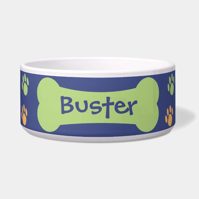 Dog Bone & Paw Prints Personalized Pet Dog Bowl (Front)