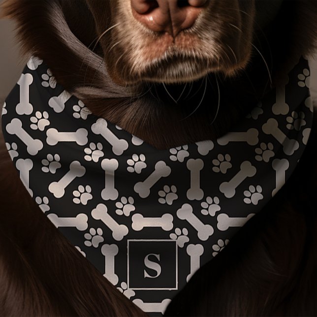 Dog Bones And Paw Prints Black Monogram Dog Bandana (Creator Uploaded)