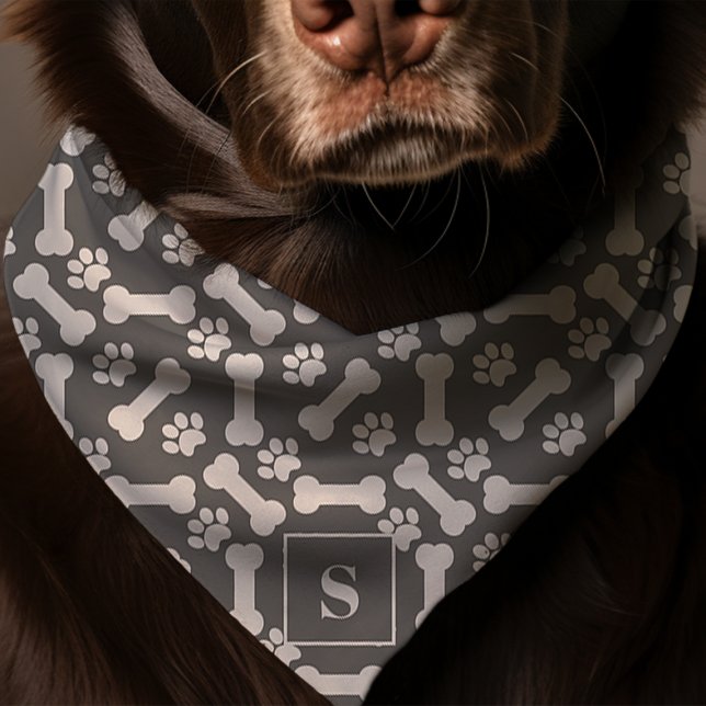 Dog Bones And Paw Prints Gray Monogram Dog Bandana (Creator Uploaded)