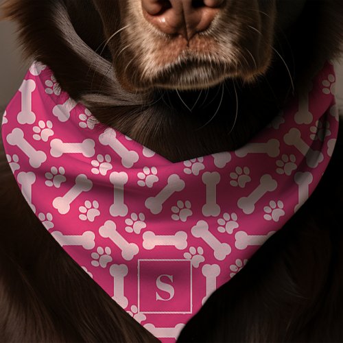 Dog Bones And Paw Prints Hot Pink Monogram Dog Bandana