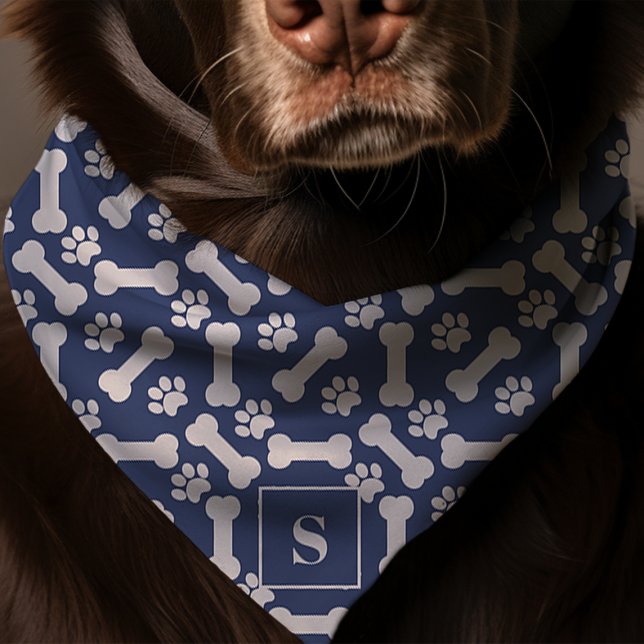 Dog Bones And Paw Prints Navy Monogram Dog Bandana (Creator Uploaded)