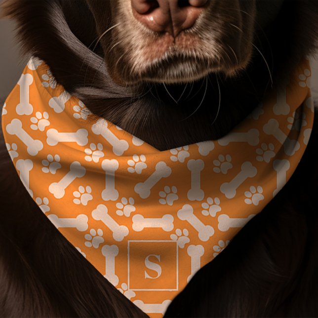 Dog Bones And Paw Prints Orange Monogram Dog Bandana (Creator Uploaded)