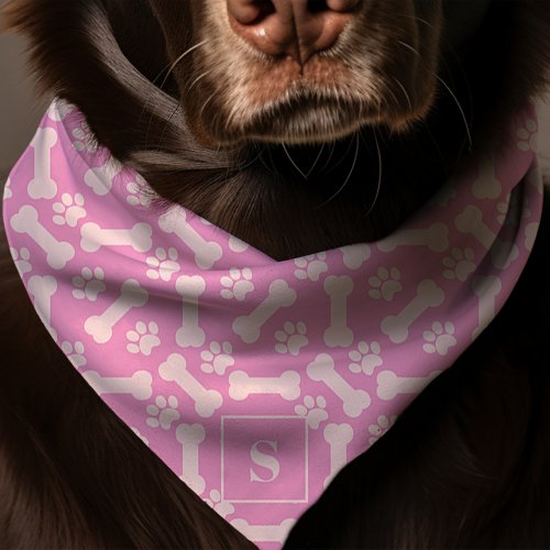 Dog Bones And Paw Prints Pink Monogram Dog Bandana