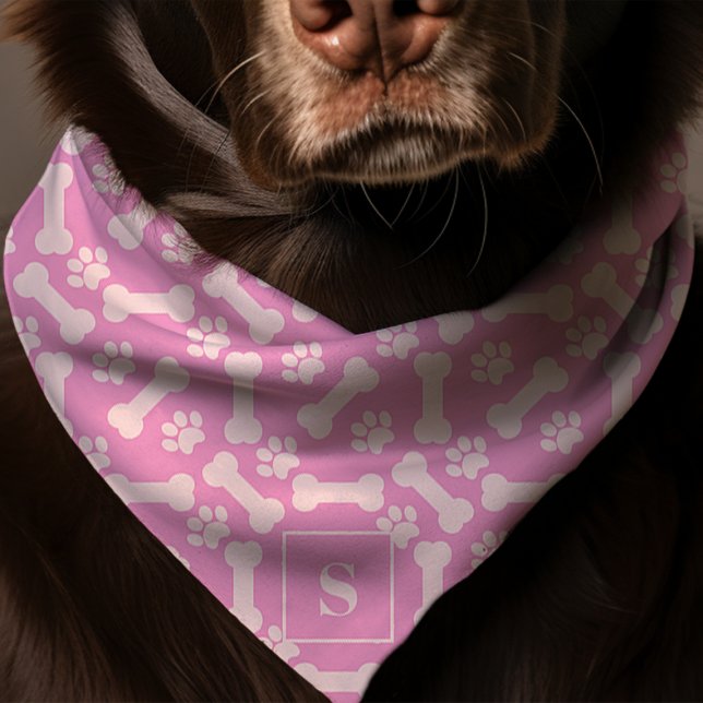 Dog Bones And Paw Prints Pink Monogram Dog Bandana (Creator Uploaded)