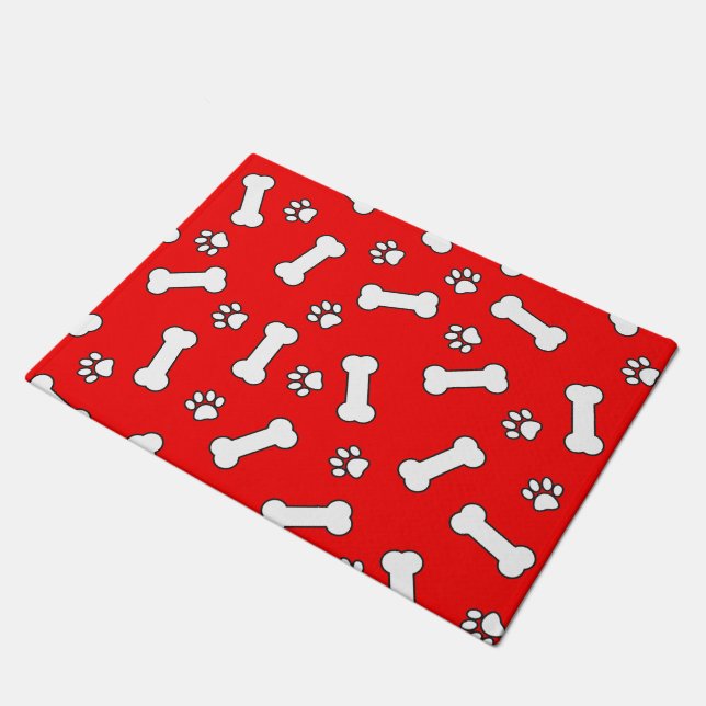 Dog Bones and Paw Prints Red and White Pattern Doormat (Angled)