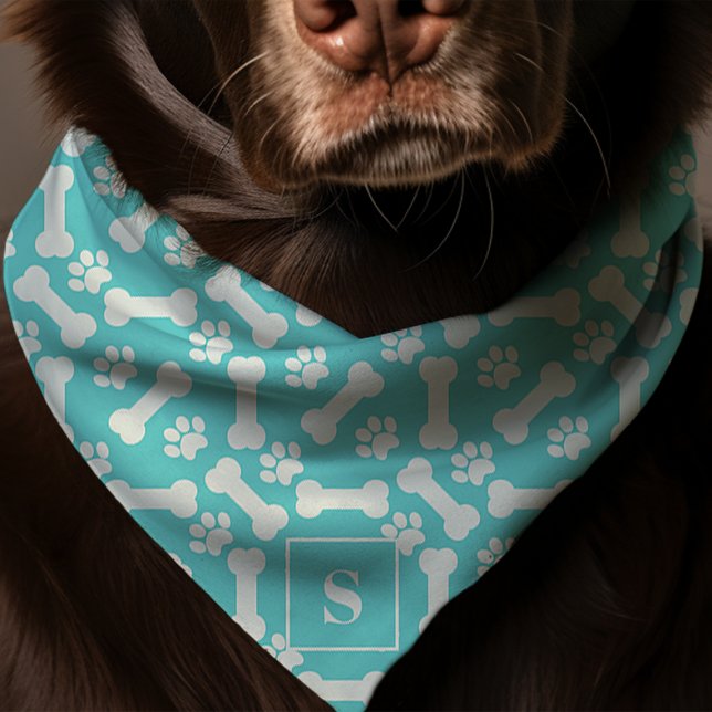 Dog Bones And Paw Prints Teal Monogram Dog Bandana (Creator Uploaded)