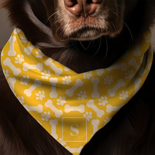 Dog Bones And Paw Prints Yellow Monogram Dog Bandana
