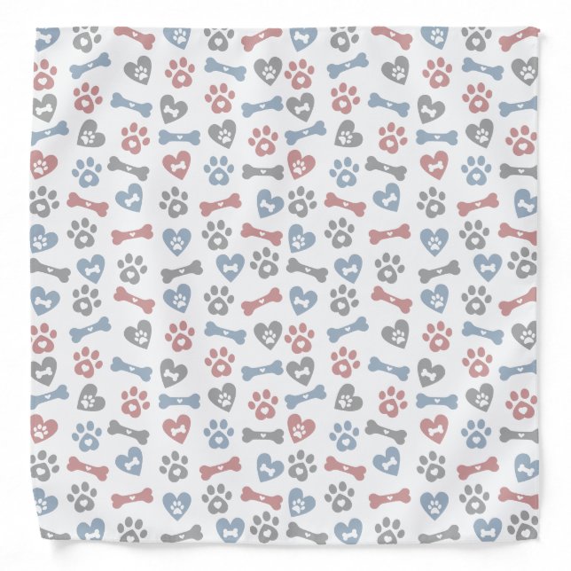 Dog Bones Paws And Hearts Blue Pink Gray Pattern Bandana (Front)