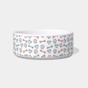 Dog Bones Paws And Hearts Blue Pink Gray Pattern Bowl