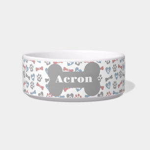 Dog Bones Paws And Hearts Blue Pink Gray Pattern Bowl
