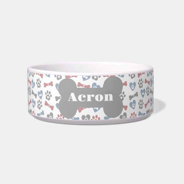 Dog Bones Paws And Hearts Blue Pink Gray Pattern Bowl (Front)
