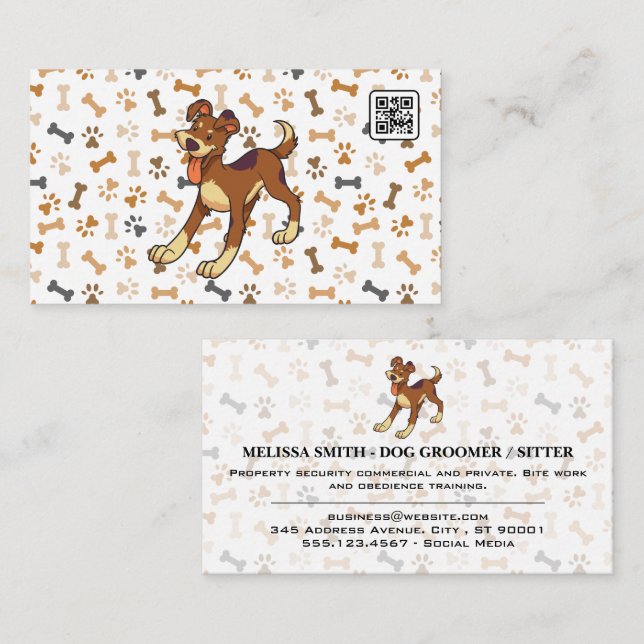 Dog Bones Paws Pattern | Happy Doggie | QR code Business Card (Front/Back)