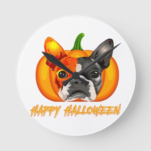 Dog Boston Terrier Face Happy Pumpkin Halloween Round Clock