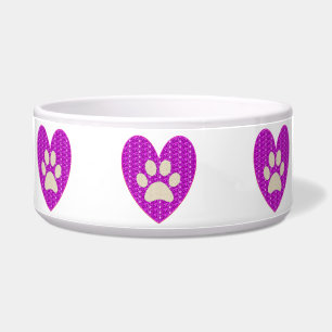 Dog Bowl Paw Heart Pink White Glitter..